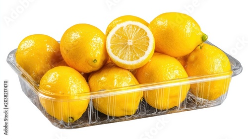 Fresh-Cut Fruit A clear plastic container filled with whole lemons and one lemon cut in half on top.