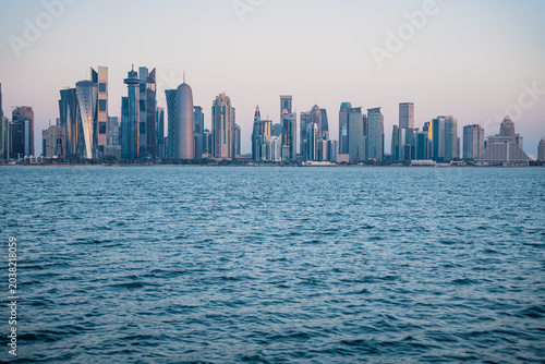 A wide shot of a modern city skyline from across the water.