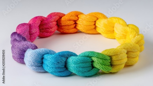 Colorful braided threads forming a circle with diverse hues