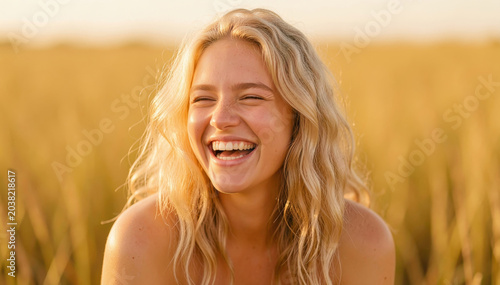 Joyful Laughter in a Wheat Field: A young woman with flowing blonde hair is captured in a moment of pure, unadulterated joy.