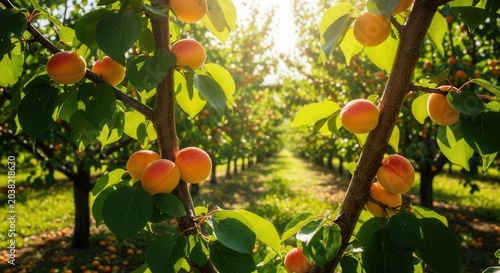 Ripe Apricots Growing on Tree Branches in a Sunlit Orchard.