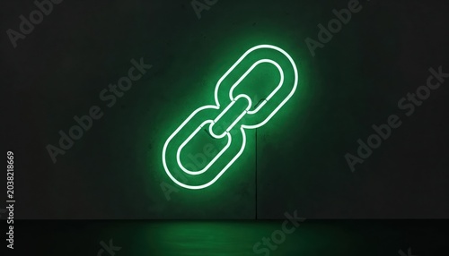 Neon Link: A glowing green neon chain link symbol casts an ethereal light on a dark wall, symbolizing connection and unity.