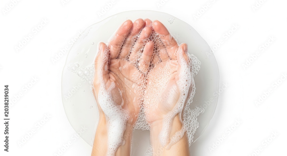 Fototapeta premium Hands cupped with white soap foam isolated on white background.
