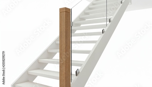Modern Staircase Design: A contemporary white staircase featuring a polished wooden newel post and sleek glass balustrades, offering a sophisticated and minimalist aesthetic for modern interiors.