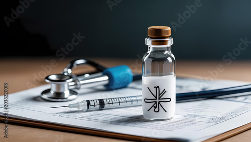 Medical bottle with white powder and tools
