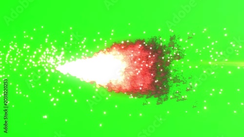 Fiery projectile with bright white and red glowing tip and trailing sparks and smoke effect moving rapidly across a vibrant green screen background dynamic motion graphics