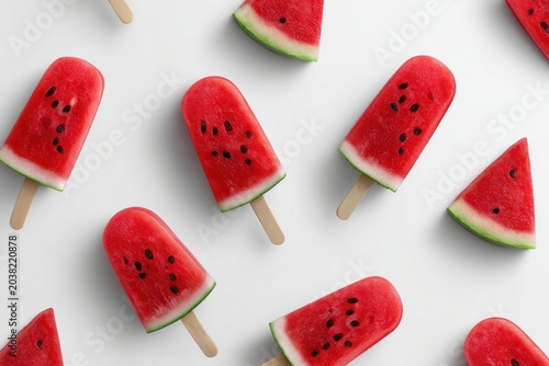Refreshing Watermelon Popsicles and Fruit Slices on White Background