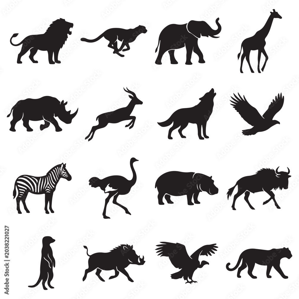Fototapeta premium African wildlife animal silhouette icon pack featuring lions elephants giraffes zebras and more