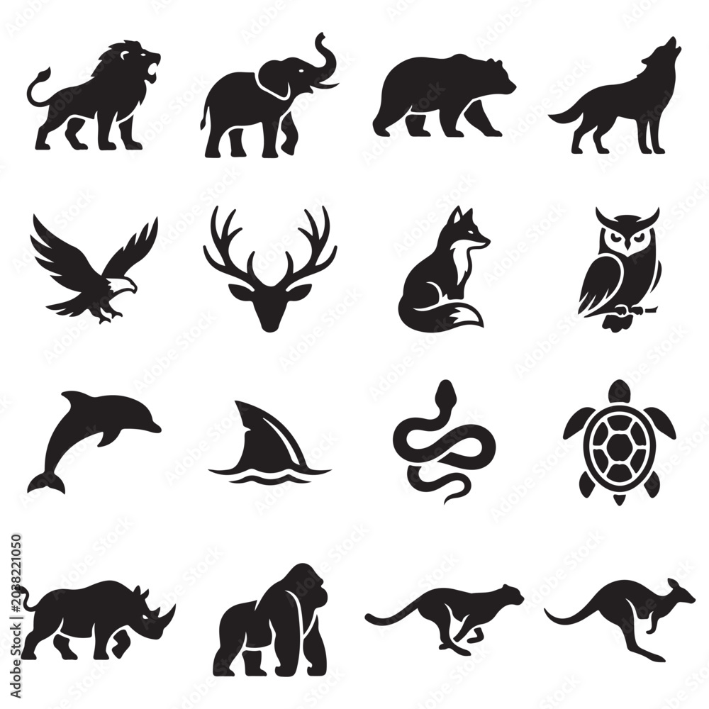 Obraz premium Wildlife animal vector icons pack featuring lion elephant bear wolf eagle deer fox owl dolphin shark snake turtle rhino gorilla cheetah kangaroo silhouette
