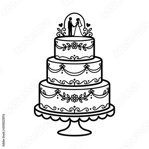 Elegant three tiered wedding cake illustration with bride and groom silhouette