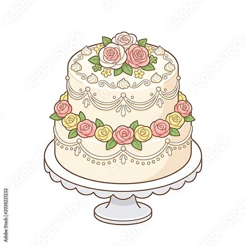 Elegant two tier cake with floral decorations on a white pedestal stand