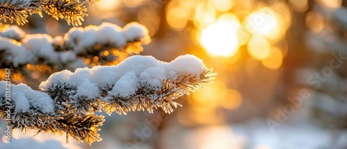 Stunning golden hour sunlight illuminating snowy pine tree branches in cold winter landscape scenic view close up