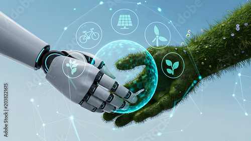 Human and robot hands touching globe representing sustainable technology and environmental innovation