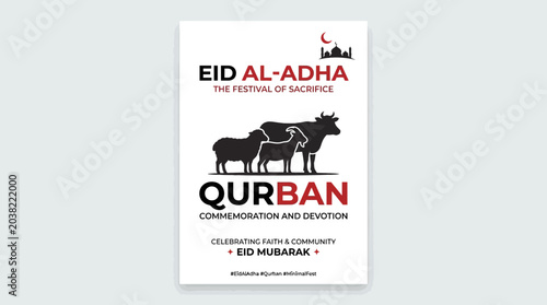 Foto Eid al-Adha Qurban poster with sheep and cow illustration, moon and mosque