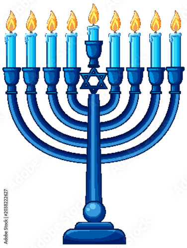 Blue Hanukkah Menorah with Lit Candles Vector Illustration