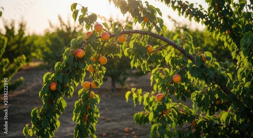 Ripe Apricots Hanging on a Branch in an Orchard at Sunset.