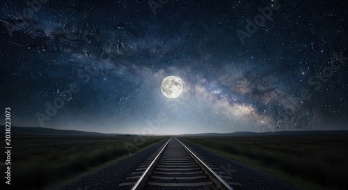 Railroad tracks leading into the beautiful night sky with the moon and milky way.