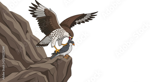 Foto Hawk attacking falcon on rocky cliff edge, wildlife predator prey interaction, n
