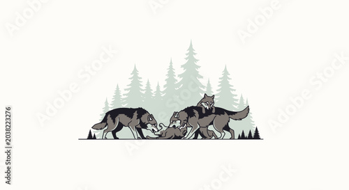 Fotografi Wolf Pack Family Playing in Forest - Minimalist Vector Art