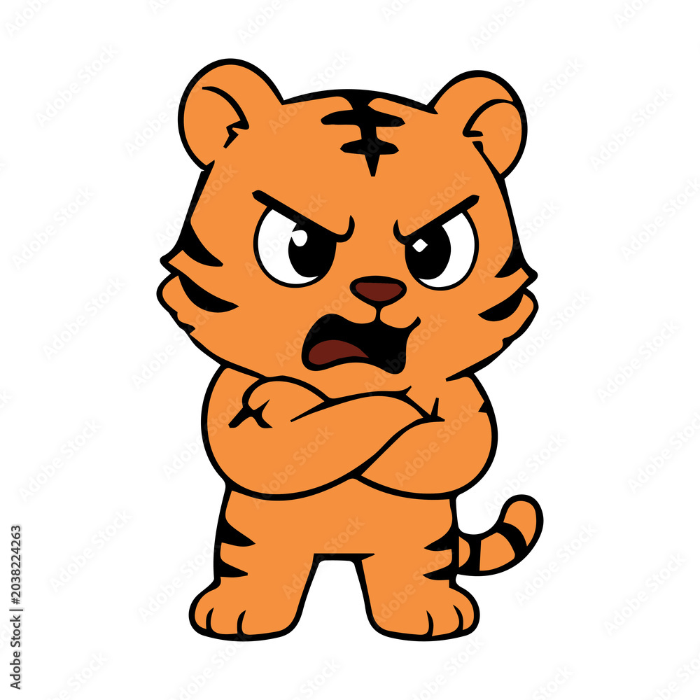 Fototapeta premium Cute tiger cartoon character with cheerful expression, simple vector illustration, black outline, colorful flat design, adorable wild animal mascot