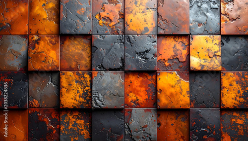 Frontal view of ceramic tiles that look like rusted corten steel orange brown metallic black oxidized texture industrial decay contrast generative AI