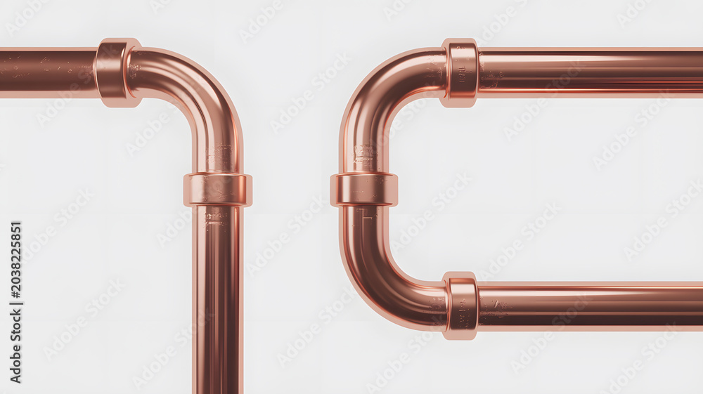 Fototapeta premium A close-up view of copper pipes with fittings on a white background