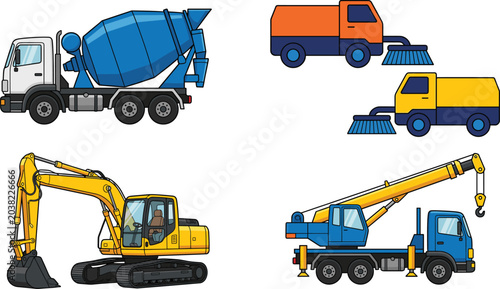 Obraz na plátně Construction and Service Vehicle Vector Collection with Excavator Crane Cement M
