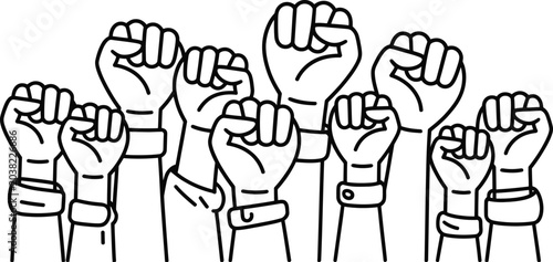 Photography Raised fists, protest signs, activist hands, vector graphics, black and white, l