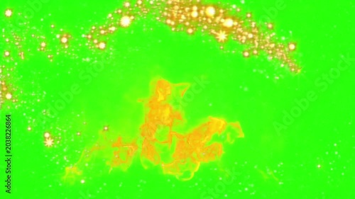 Dynamic swirling golden particles and fiery orange nebula gas clouds in a vibrant green screen background abstract motion graphics ethereal fantasy atmosphere magical dust