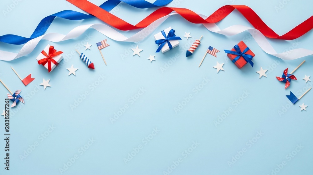 Fototapeta premium USA Independence Day Patriotic Flat Lay Background with Red Blue Ribbons, Gift Boxes, Stars and Copy Space