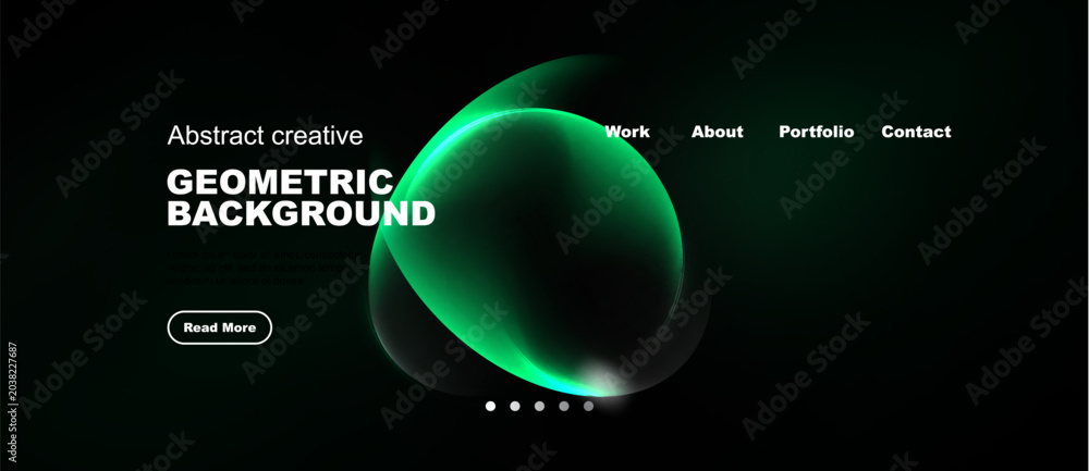 Obraz premium Dark website mockup features abstract geometric shapes, green gradients, navigation menu. Minimalist design with text elements, button visible.