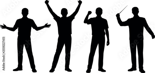 Foto Vector silhouettes of a man in different poses celebrating victory holding a bat