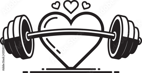 Weightlifting barbell through heart, symbol of fitness and love, strong body, healthy lifestyle, gym workout.