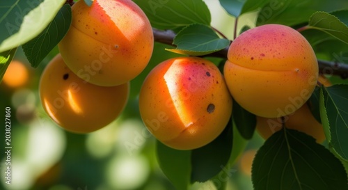 Ripe Apricots Hanging on a Branch in an Orchard.