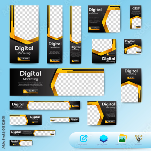 Digital Marketing Web Banner template design set. Set Horizontal, vertical, square business background design. vector