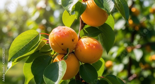Ripe Apricots Hanging on a Branch with Green Leaves in Sunlight.