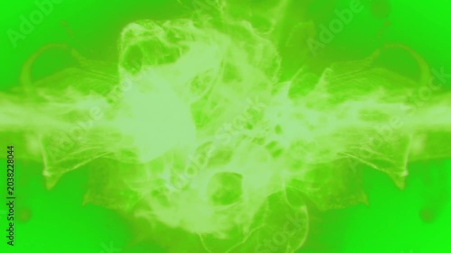 Dynamic abstract green smoke explosion effect with glowing particles and flowing wisps for motion graphics backgrounds in high definition cinematic visual style