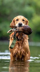 A dog holding a duck in its mouth while standing in shallow water