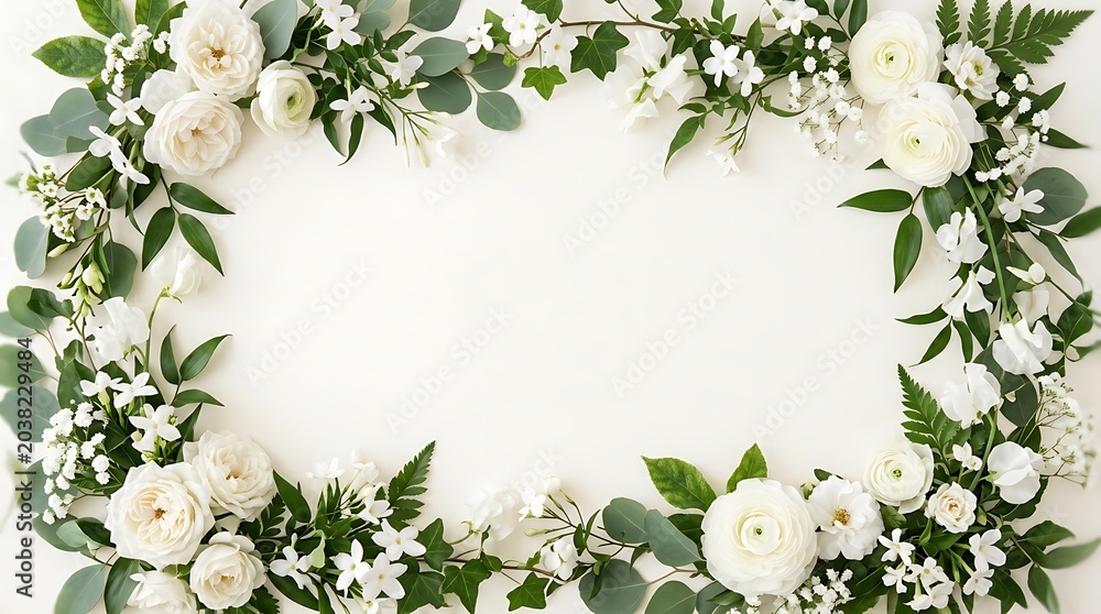Fototapeta premium Elegant floral frame with white blossoms and green leaves for wedding or celebration decor