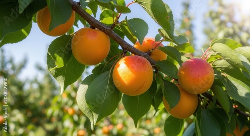 Ripe Apricots Hanging on a Fruit Tree Branch in Summer Orchard.