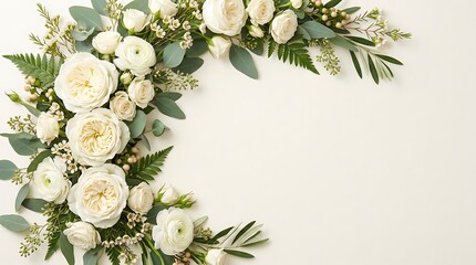 Elegant wedding floral border with white roses and greenery in soft natural light