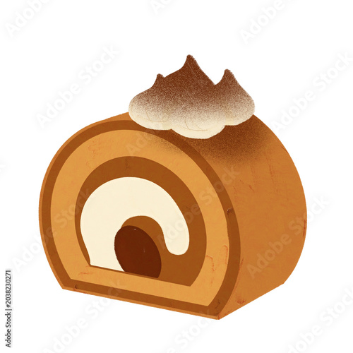 A charming hand painted illustration delicious Swiss roll cake desserts in tiramisu flavors