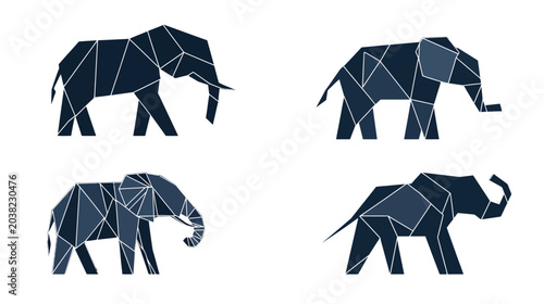 Four geometric elephant illustrations in different poses using shades of blue, all against a white background