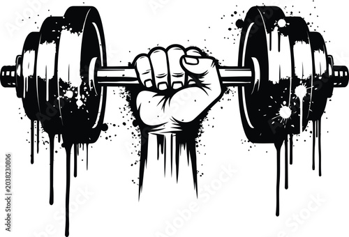 Εκτύπωση καμβά Strong hand holding dumbbell gym fitness vector illustration in grunge