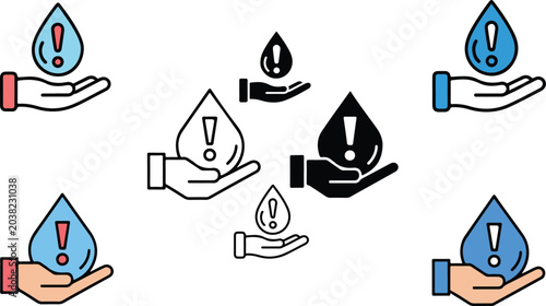 Bild auf Leinwand Water crisis vector icon set with hand holding water drop and exclamation mark symbol for scarcity conservation and environmental saving concept