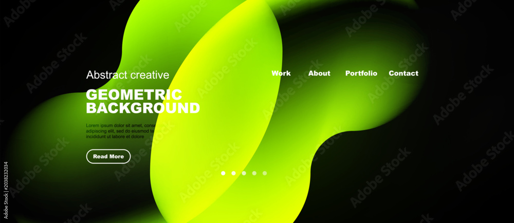 Naklejka premium Abstract geometric background design. Vibrant green hues blend with dark shadows. Website header includes navigation options, text, button.