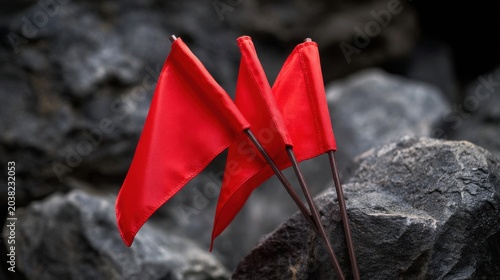 Symbolic red flags stand out against a rugged, dark rocky landscape