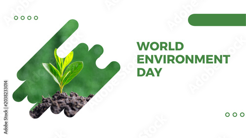 Tableau sur toile Modern minimalist banner design for World Environment Day showcasing a small green plant sprout growing from rich soil