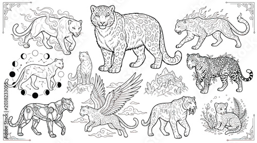 Photography Mystical leopard coloring page set, celestial big cat illustrations with moon ph