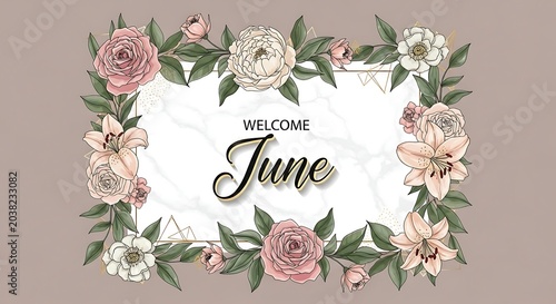 Welcome June floral greeting card with roses and greenery.